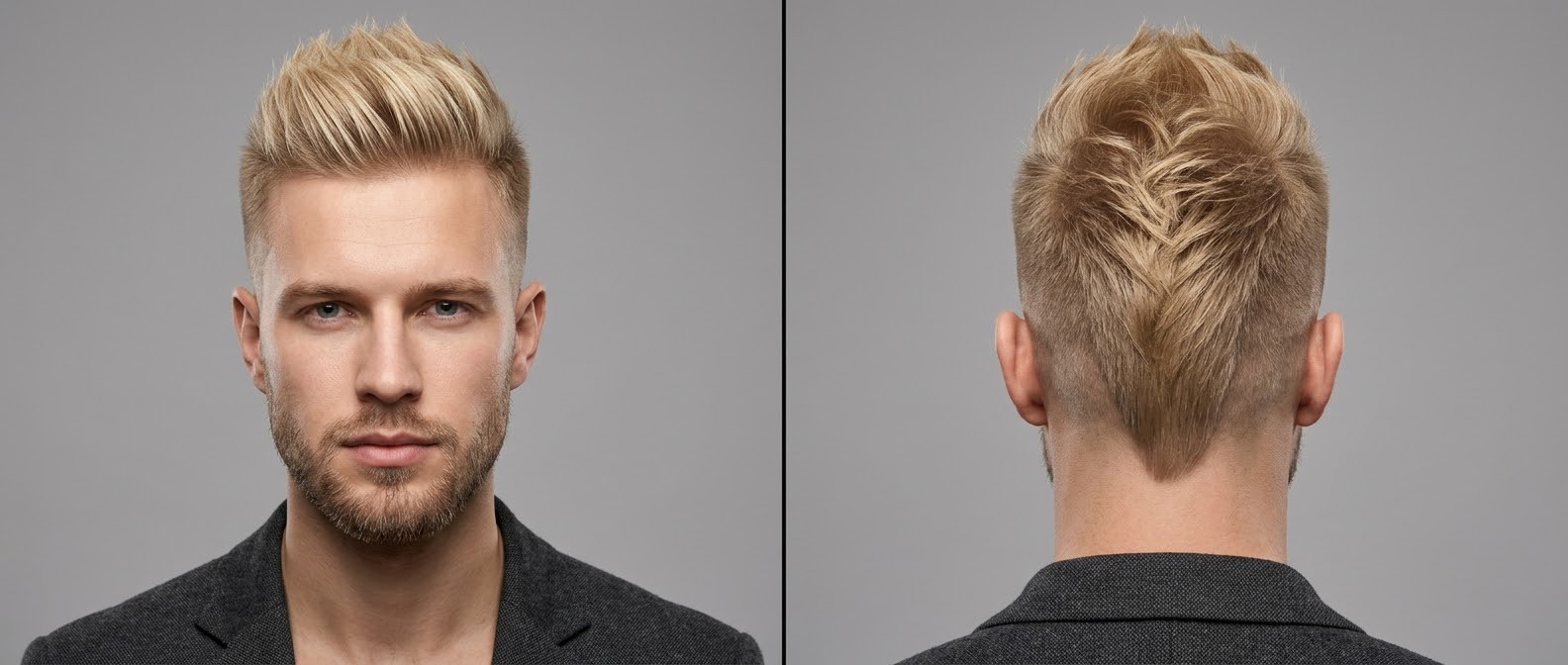 Young blonde man with a textured faux hawk hairstyle, short faded sides, and a distinct V-shaped neckline at the back, paired with a short beard.
