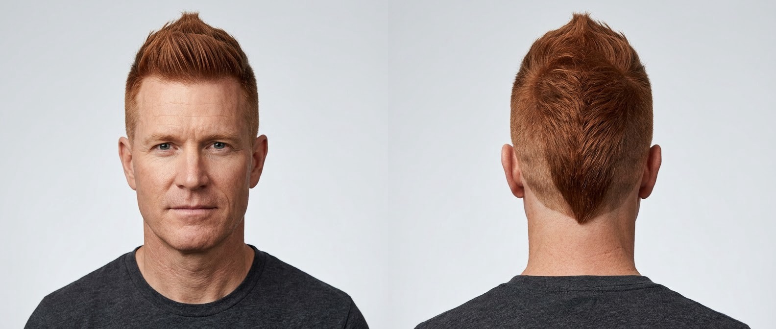 Front and back view of a 45-year-old man with red hair modeling a textured faux hawk with very short buzzed sides and a sharp V-shaped nape fade.