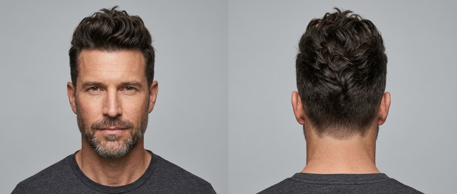 Front and back view of a mature 45-year-old man with a short beard modeling a wavy textured faux hawk haircut with very short tapered sides.