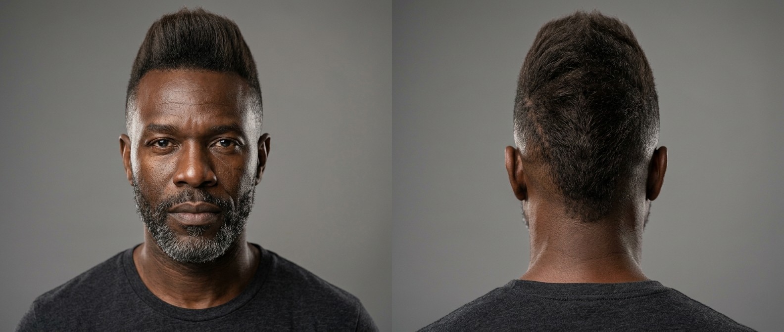 Front and back view of a mature Black man with a graying beard wearing a straight, textured faux hawk with a high skin fade and V-shaped nape.