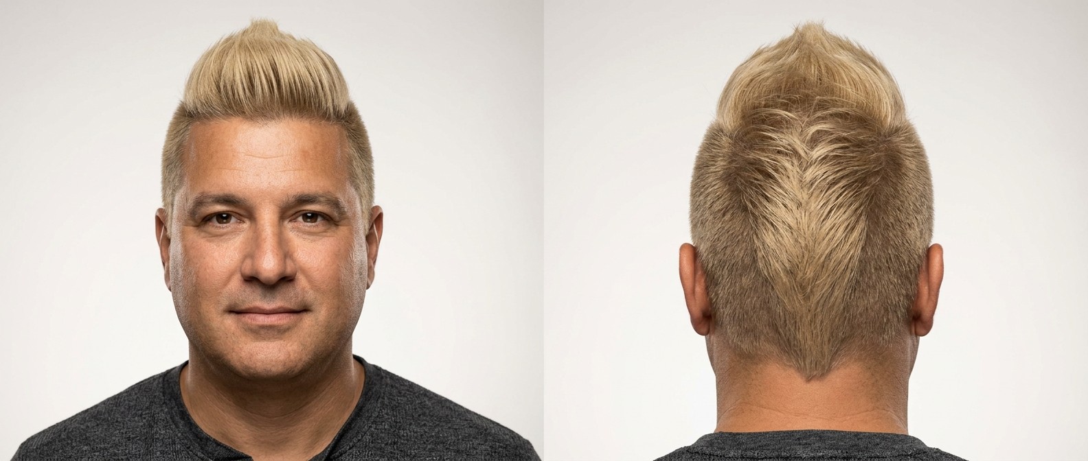 Front and back view of a 45-year-old man with a bold blonde faux hawk, featuring short sides, a high-volume top, and a sharp V-tapered back neckline.