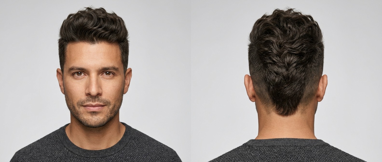 Front and back view of a Latino man with an oval face sporting a wavy textured faux hawk with a high drop fade and a tapered V-shape nape.