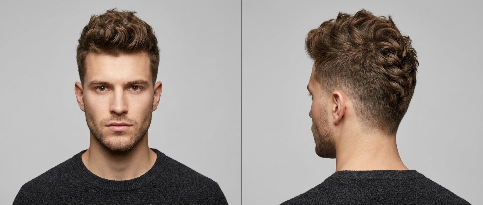 Front and side profile of a young man with a textured wavy faux hawk haircut, featuring a crisp mid drop fade, piecey volume, and a neat stubble beard.