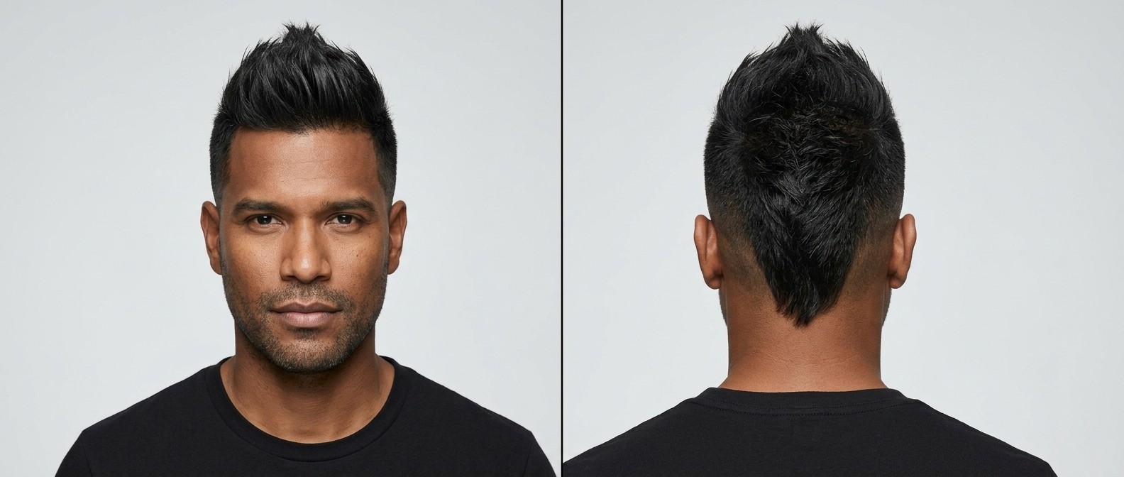 Front and back view of a Latino man with dark skin and a textured faux hawk, featuring a V-shaped nape and short faded sides.