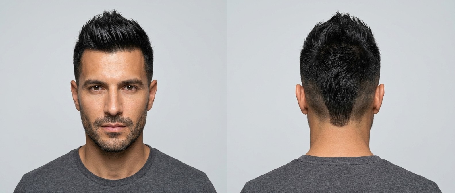 Front and back view of a 40-year-old Caucasian man with black straight hair modeling a textured faux hawk with a high skin fade and V-shaped neckline.
