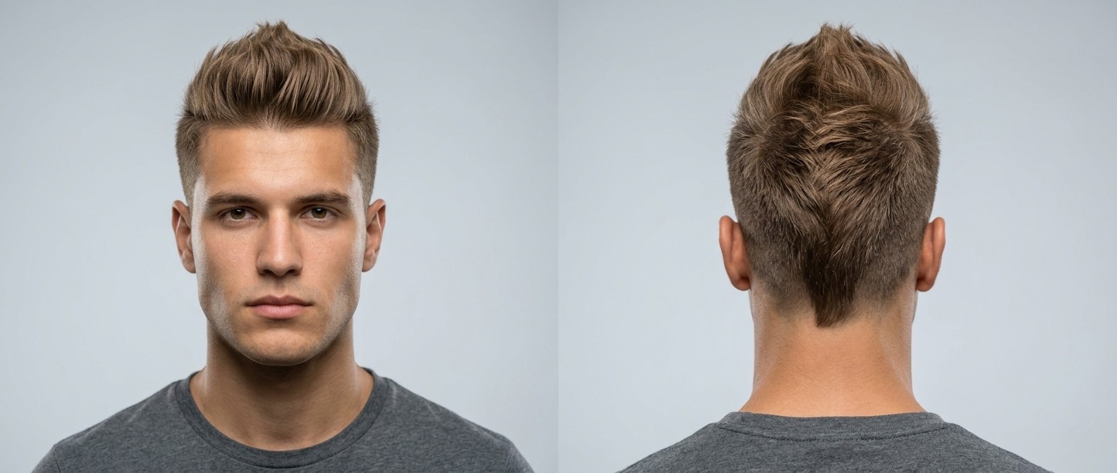 Front and back view of a young man with a modern textured faux hawk, high skin fade, and a distinctive V-shaped nape taper.