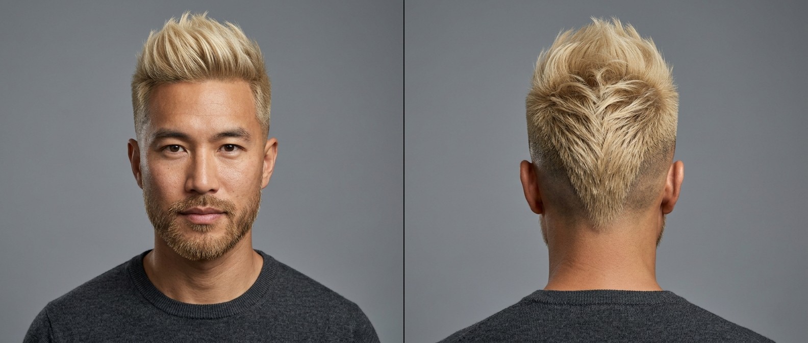 Front and back view of an Asian man with an edgy blonde faux hawk, featuring a V-shaped drop fade, thick textured top, and a short beard.