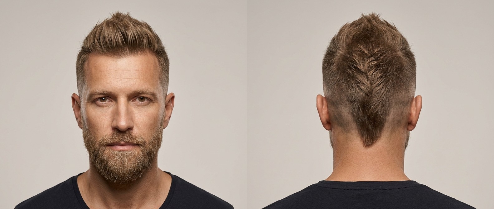 Front and back view of a mature man with a beard wearing a textured faux hawk haircut featuring a high skin fade and a distinct V-shaped nape.