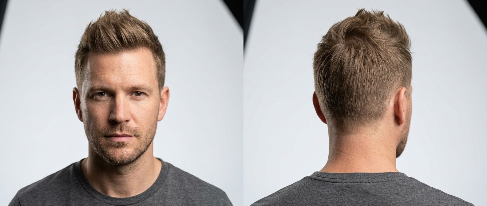 Front and back view of a caucasian man with light brown hair modeling a modern textured faux hawk with short tapered sides and a spiked medium top.