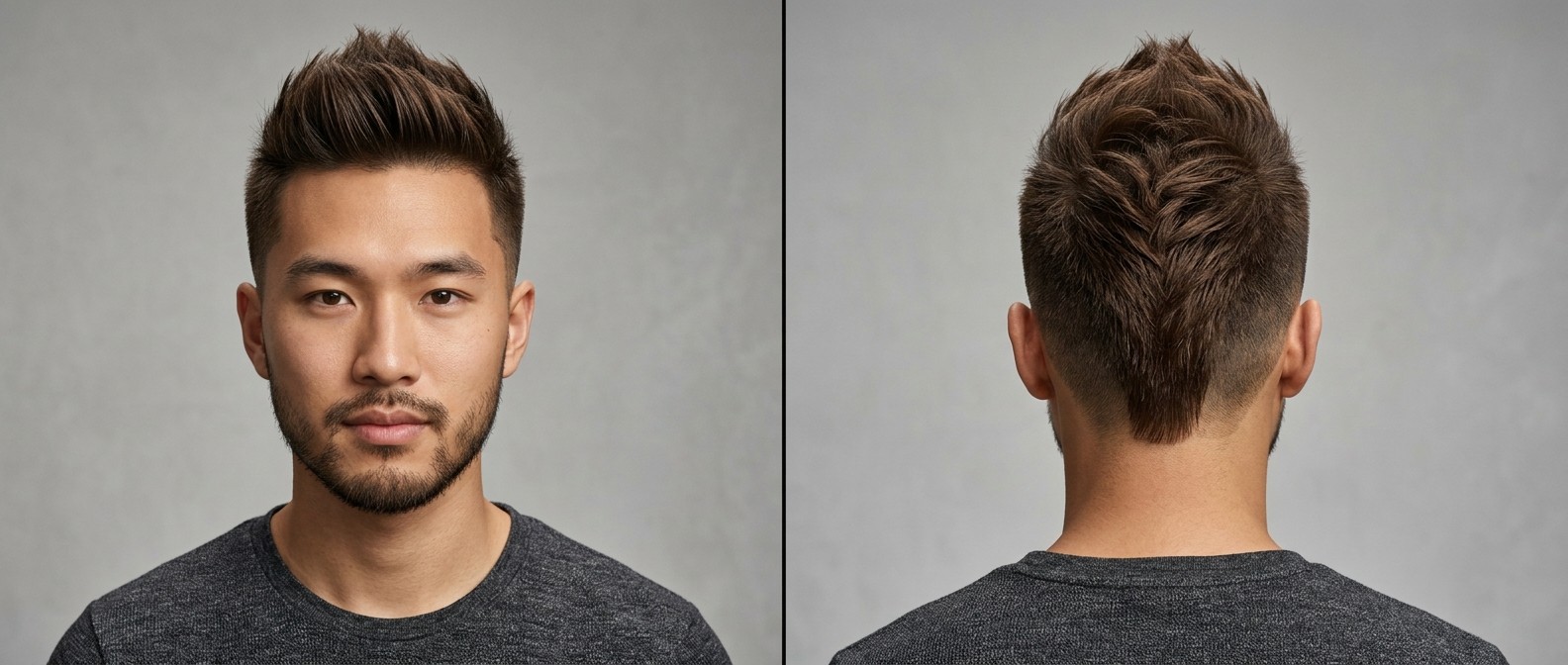 Asian man with a textured faux hawk haircut, featuring a high skin fade, piecey spikes on top, and a sharp V-shaped taper at the back neckline.