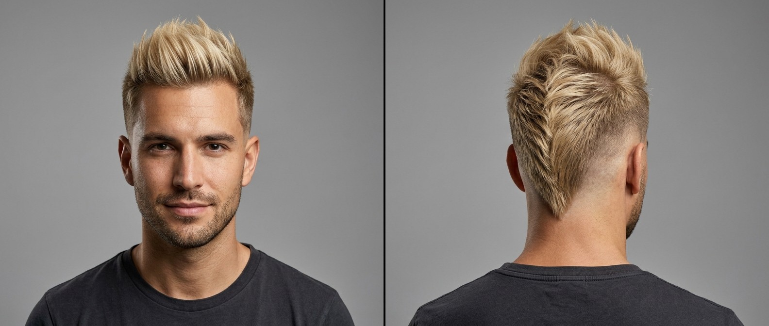 Front and back view of a young man with a textured blonde faux hawk, high skin fade, and V-shaped nape over an olive skin tone and light stubble.