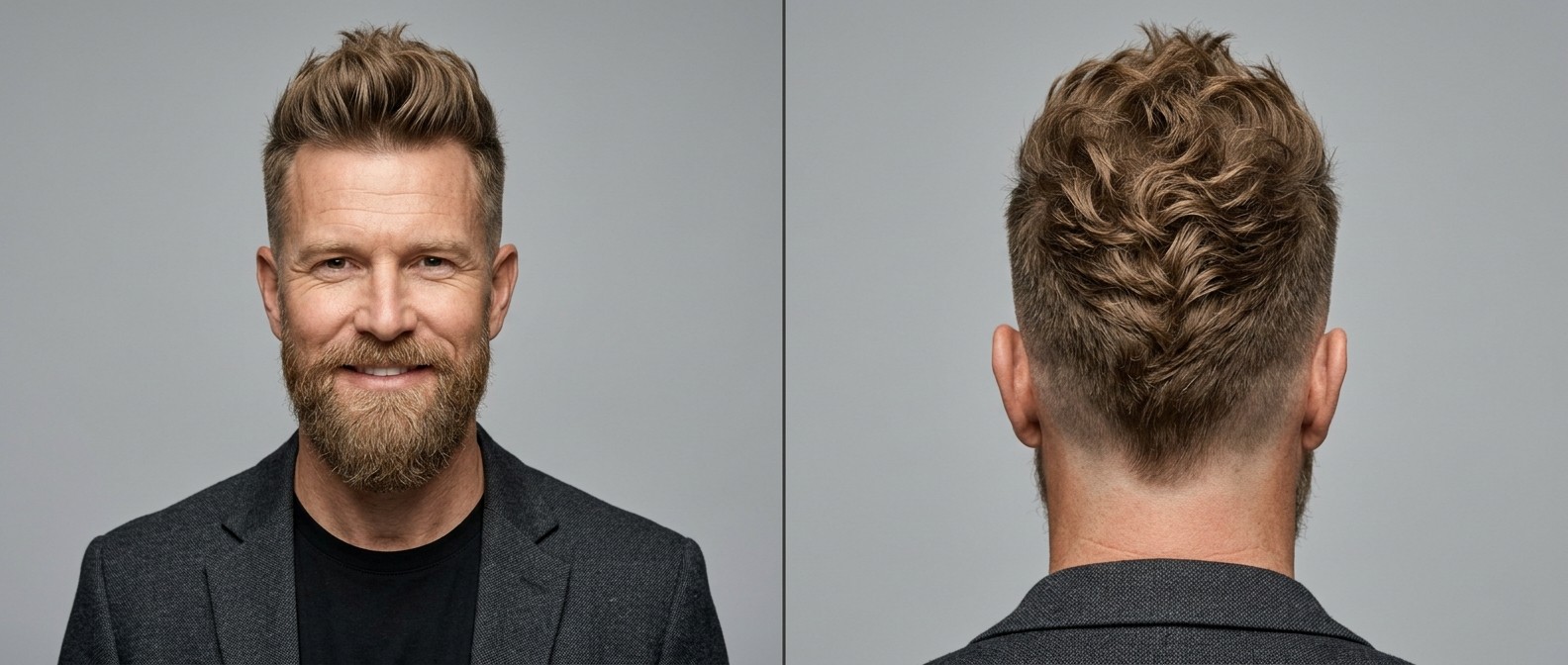 Front and back view of a mature man with a beard wearing a textured wavy faux hawk with short tapered sides and a distinct central hair ridge.