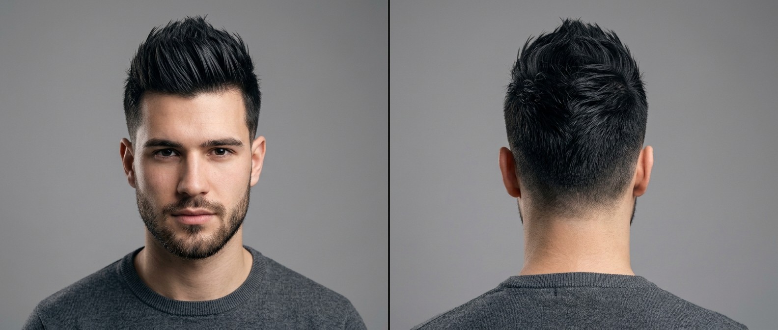 Front and back view of a young Caucasian man with black hair modeling a textured faux hawk with short tapered sides and a neat short beard.