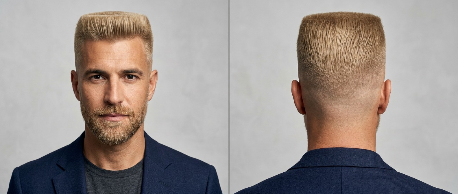 Vista frontal y trasera de un hombre maduro con corte flat top rubio, destacando un plano superior nivelado, laterales desvanecidos y barba bien recortada.