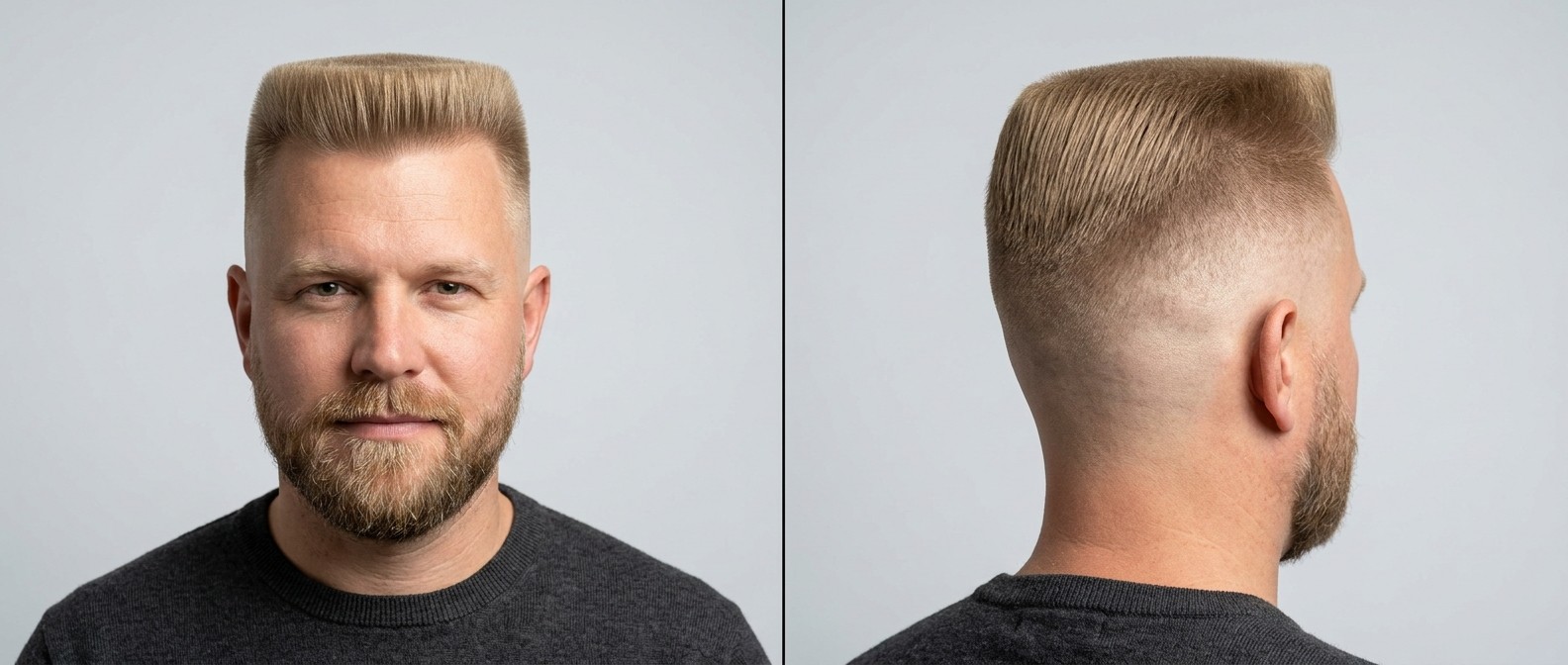 Front and side view of a blonde Caucasian man with a beard wearing a precise flat top haircut with a high skin fade on a grey background.