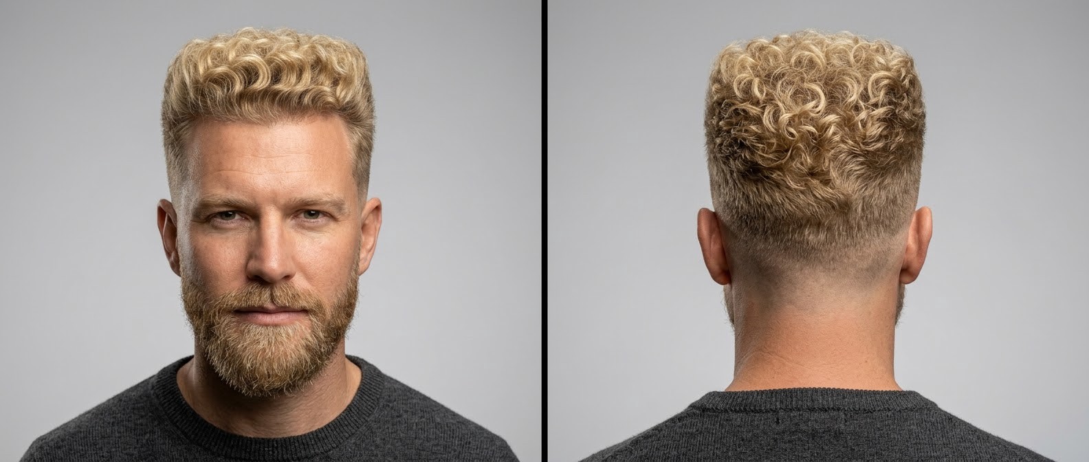 Caucasian man with a blonde curly flat top haircut, high skin fade on the sides, and a well-groomed medium beard on a solid grey background.