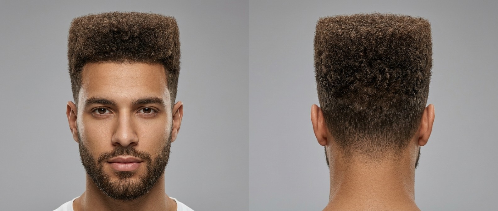 Young man with olive skin and a short beard modeling a modern curly flat top fade haircut, showcasing tight coils and a sharp geometric silhouette.