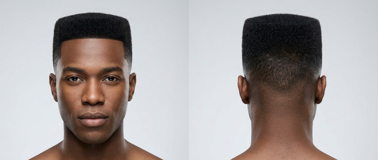 Front and back view of a young Black man with a precision flat top haircut, featuring a high skin fade and a razor-sharp front hairline edge-up.