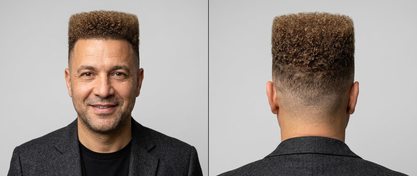 Front and back view of a 45-year-old man with a light brown, curly flat top haircut, featuring a high skin fade and tightly coiled Type 4 hair.