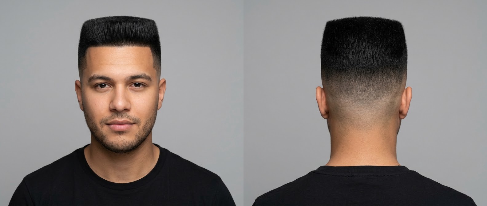 Front and back view of a young man with black hair modeling a sharp flat top haircut featuring a mid skin fade and crisp edge-up.