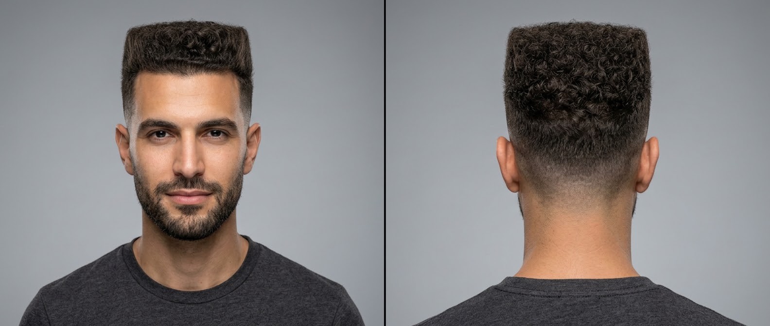 Front and back view of a Caucasian man with olive skin wearing a curly flat top fade haircut, featuring natural Type 3 curls and a short beard.