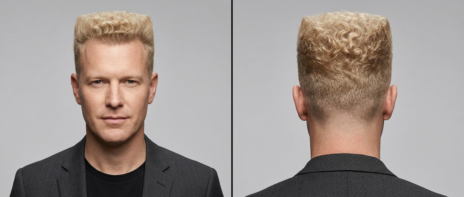 Front and back view of a mature man with blonde hair modeling a curly flat top haircut with very short faded sides and a highly textured top deck.