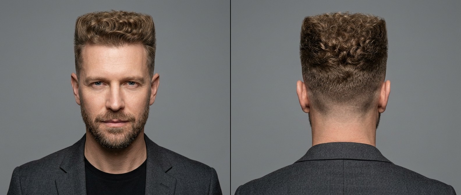 Front and back view of a mature man with a textured curly flat top haircut, high skin fade, and a short neatly trimmed beard.