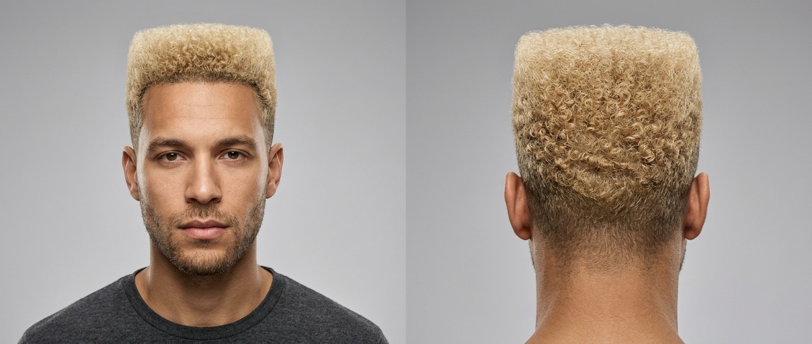 Young man with olive skin modeling a bleached blonde curly flat top fade, showcasing dense type 4 hair and a sharp architectural silhouette.