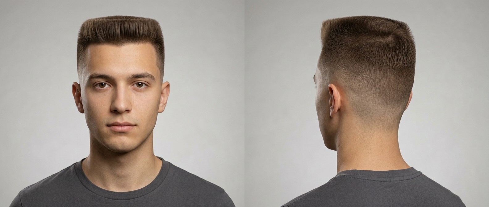 Front and back view of a young man with a modern flat top haircut featuring a precise horizontal top, straight brown hair, and a seamless mid fade.