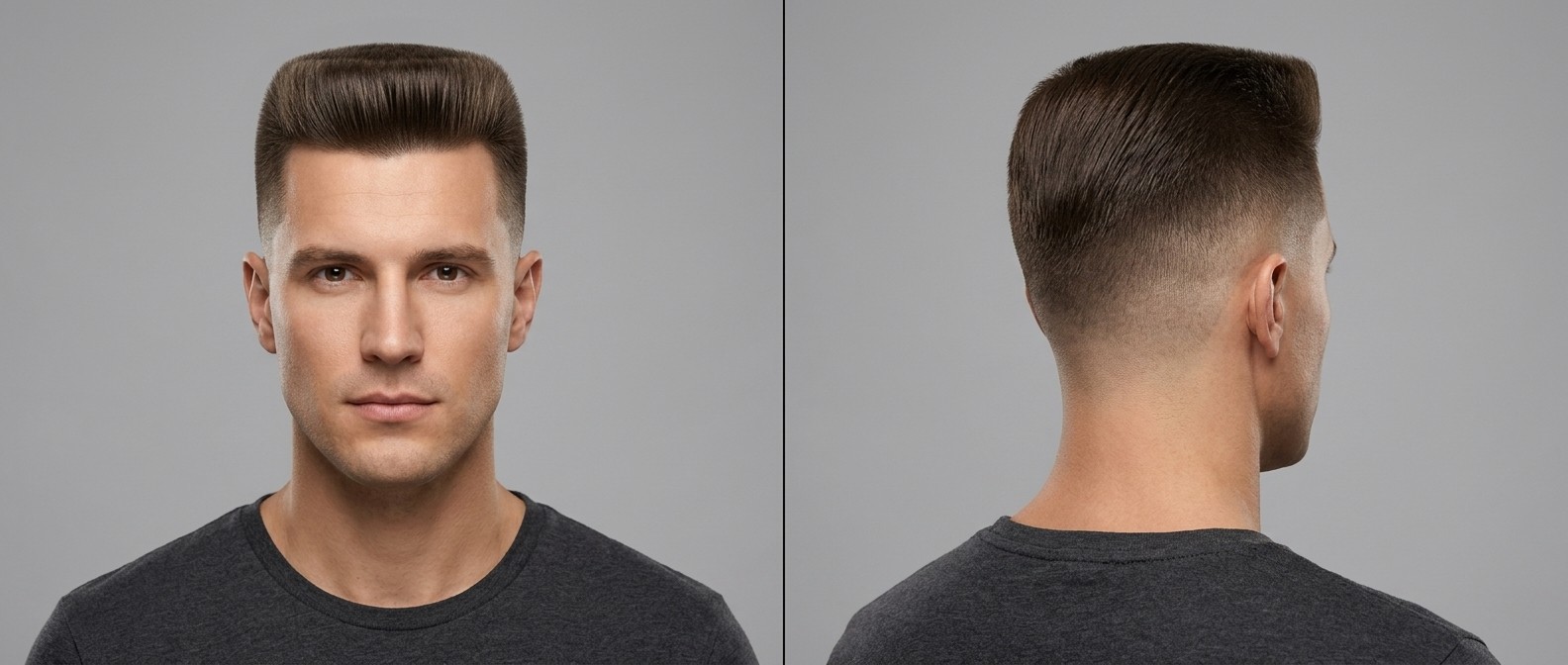 Front and back view of a Caucasian man with dark brown hair modeling a precision flat top haircut with a high skin fade and sharp geometric lines.