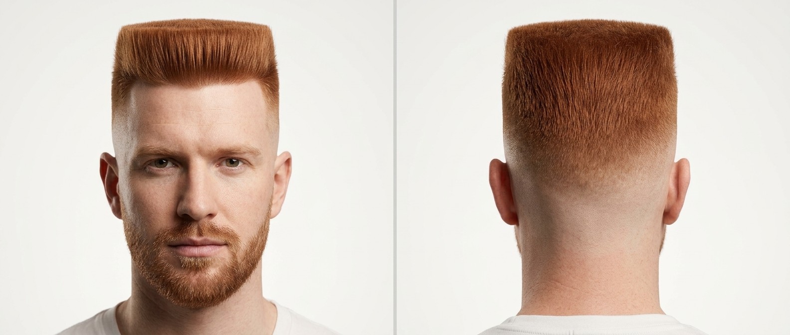 Front and back view of a Caucasian man with red hair modeling a precision flat top haircut with a high skin fade and a short, neatly trimmed beard.