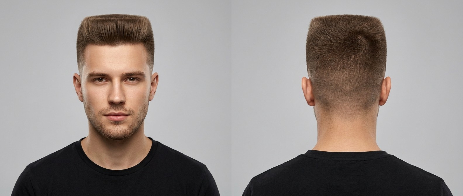 Front and back view of a young Caucasian man with brown hair modeling a precision classic flat top haircut featuring a high skin fade and sharp front hairline edge-up.