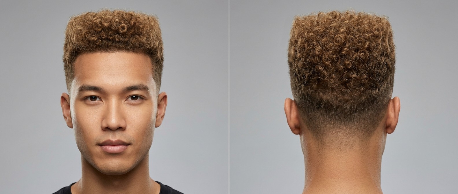 Front and back view of a young Asian man with an oval face, modeling a curly flat top fade with light brown Type 3 coils and very short faded sides.