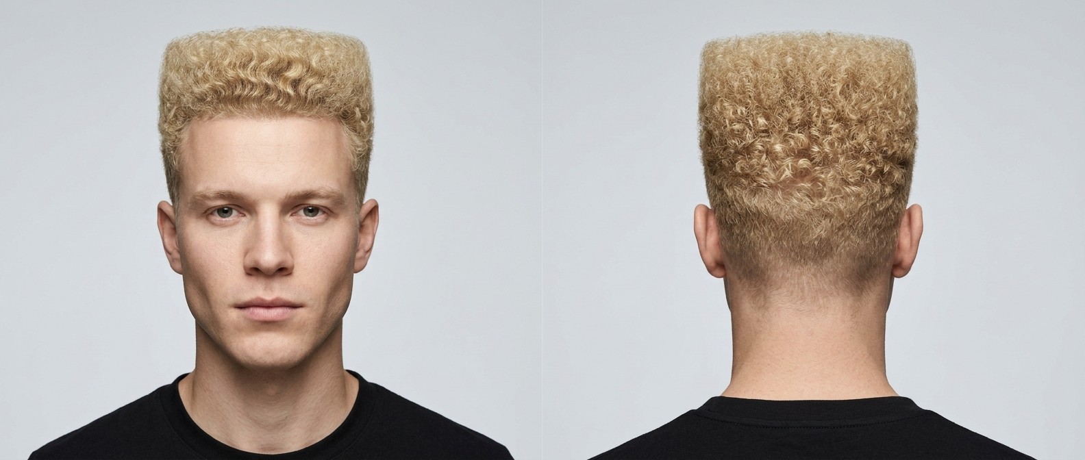 Młody blondyn z wystylizowaną fryzurą typu curly flat top i wysokim skin fade, prezentujący gęste loki i geometryczny kształt.