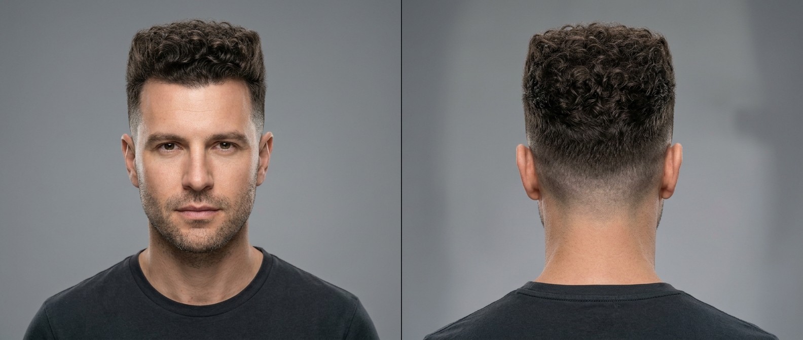 Widok z przodu i z tyłu na mężczyznę z fryzurą curly flat top, wysokim skin fade i krótkim zarostem.