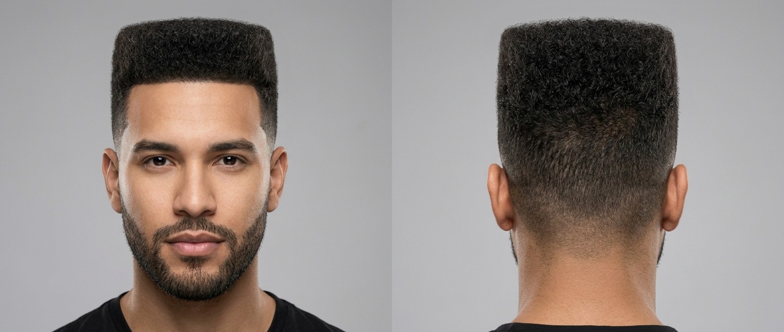 A young Latino man with a neatly trimmed short beard showcasing a perfectly sculpted curly flat top haircut with a sharp front edge-up and a clean mid skin fade.