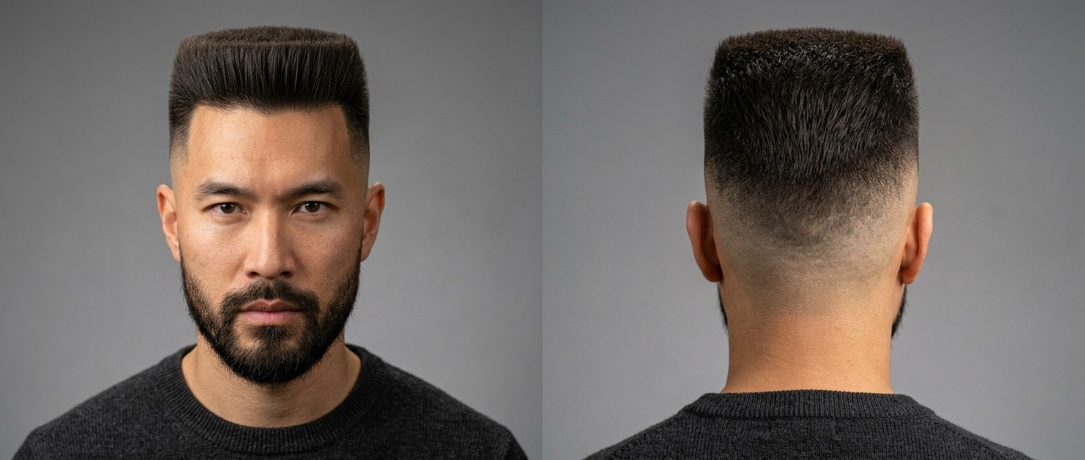 Asiatischer Mann (35-45) mit scharfem High Skin Fade Flat Top und gepflegtem dunklen Vollbart, Ansicht von vorne und hinten.