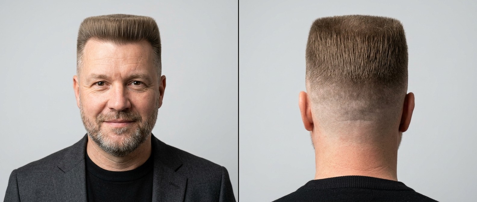 Front and back view of a mature man with a classic structured flat top hairstyle, high skin fade, and a neatly groomed short beard against a grey wall.