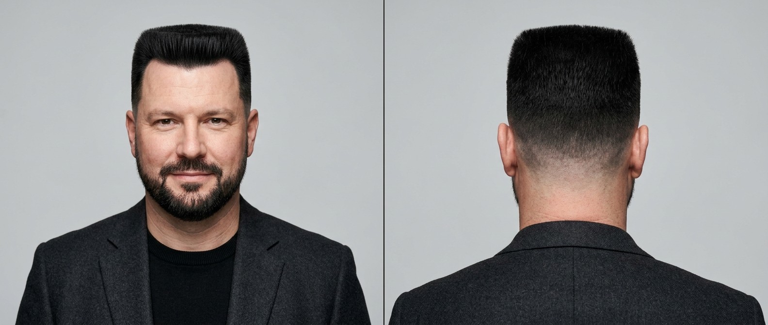 Front and back view of a mature man with a precision black flat top haircut, high skin fade, and a neatly groomed short beard wearing a grey blazer.
