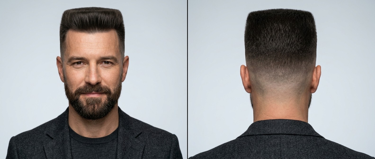 Front and back view of a mature man with a precision flat top haircut, high skin fade, and a well-groomed beard wearing a dark grey textured jacket.