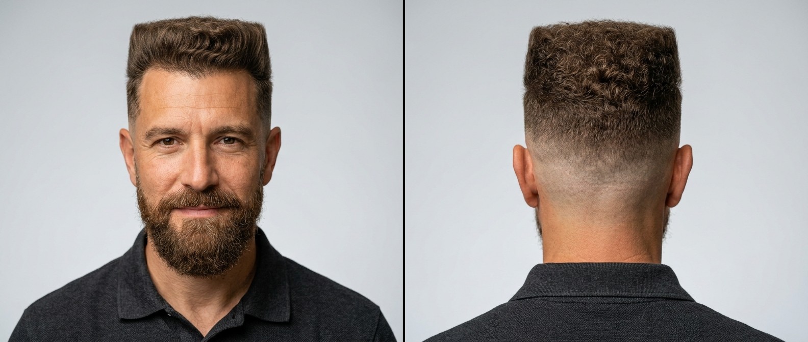 Front and back view of a 45-year-old man with a curly textured flat top, high skin fade, and a full brown beard against a light grey background.