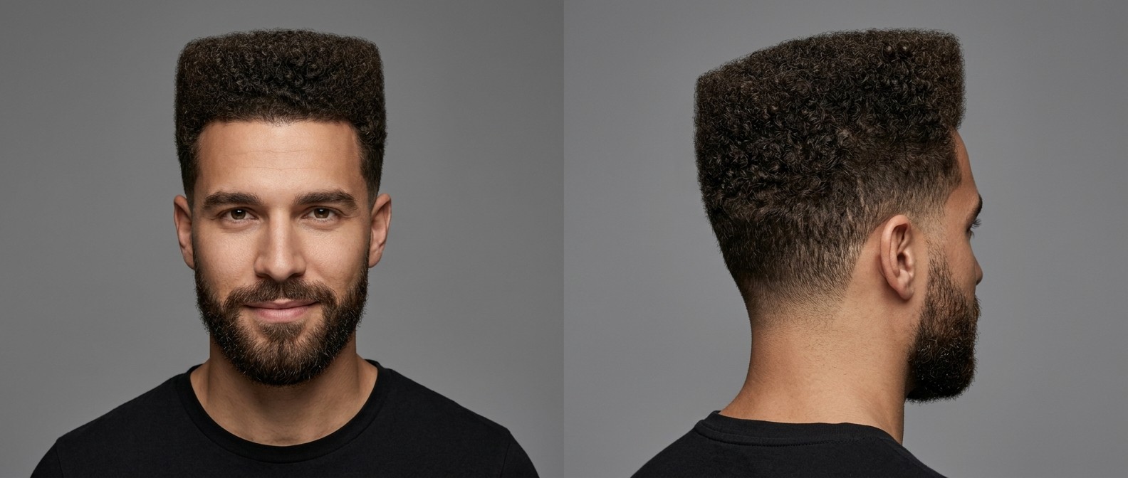 Front and side view of a man with a curly flat top haircut, mid drop fade, sharp line-up, and a blended beard styling for Type 4 hair.