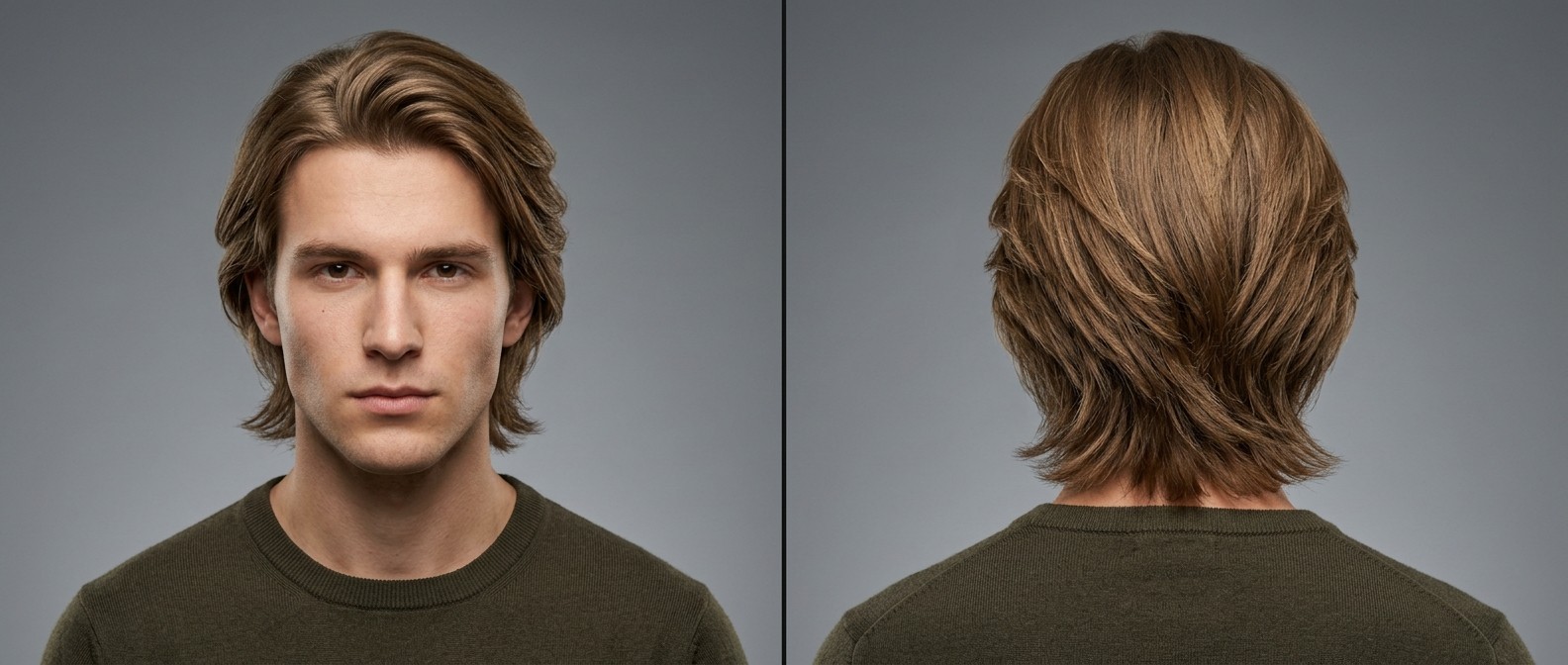 Front and back view of a young man with a light brown, layered flow haircut featuring swept-back volume and textured, flipped ends at the nape.