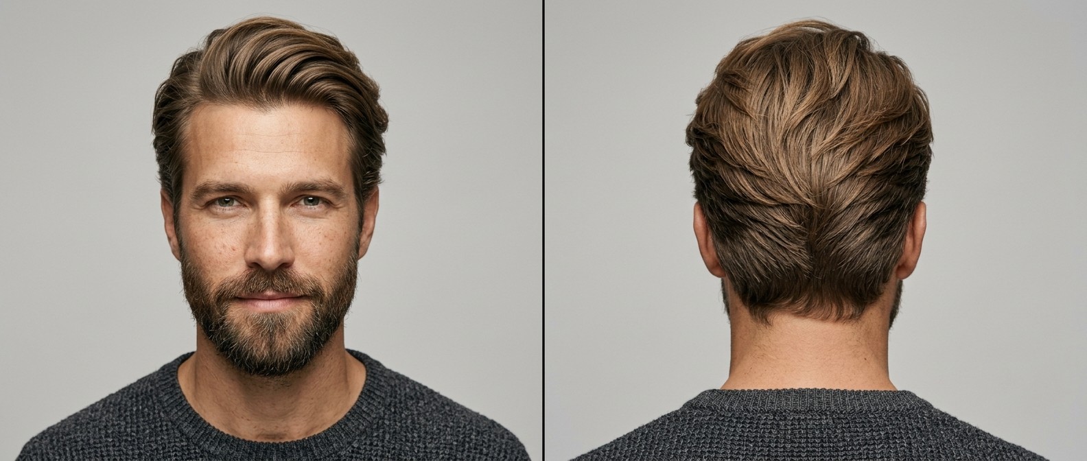 Front and back view of a 35-45 year old Caucasian man with a beard wearing a swept-back medium-long layered flow haircut with a tapered V-shape nape.