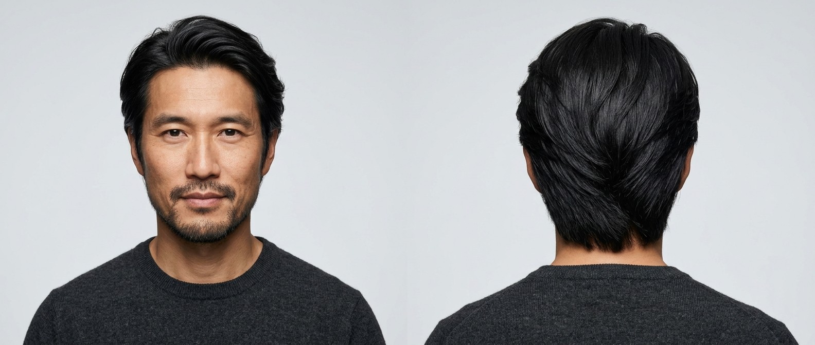 Asiatischer Mann mittleren Alters mit Kurzbart trägt eine mittellange, gestufte Flow-Frisur, die nach hinten gestylt ist.