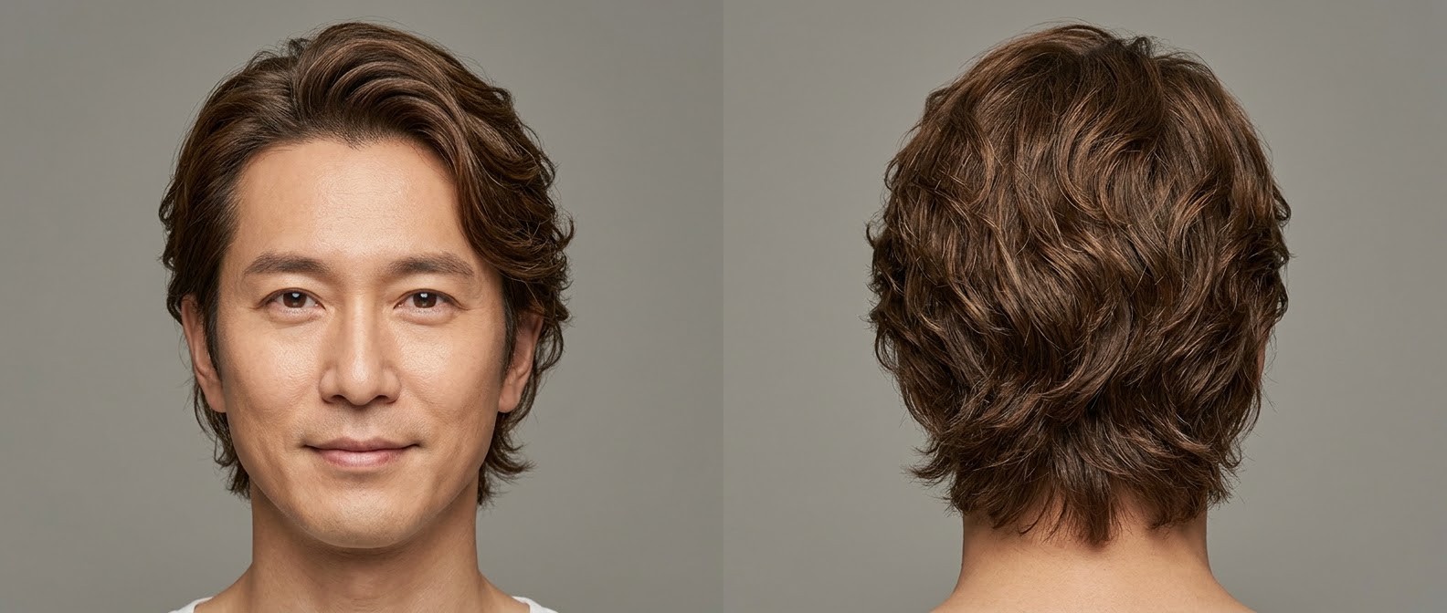 Asian man over 45 with medium-thick, wavy brown hair styled in a swept-back, layered flow haircut, showing natural texture and volume.