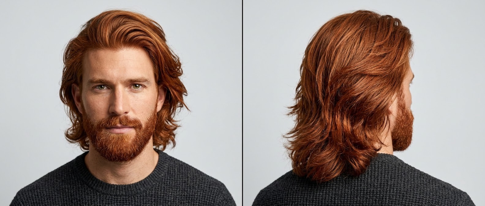 Handsome man with a thick copper red bro flow hairstyle and full beard, featuring sweeping back volume and layered collar-length ends.