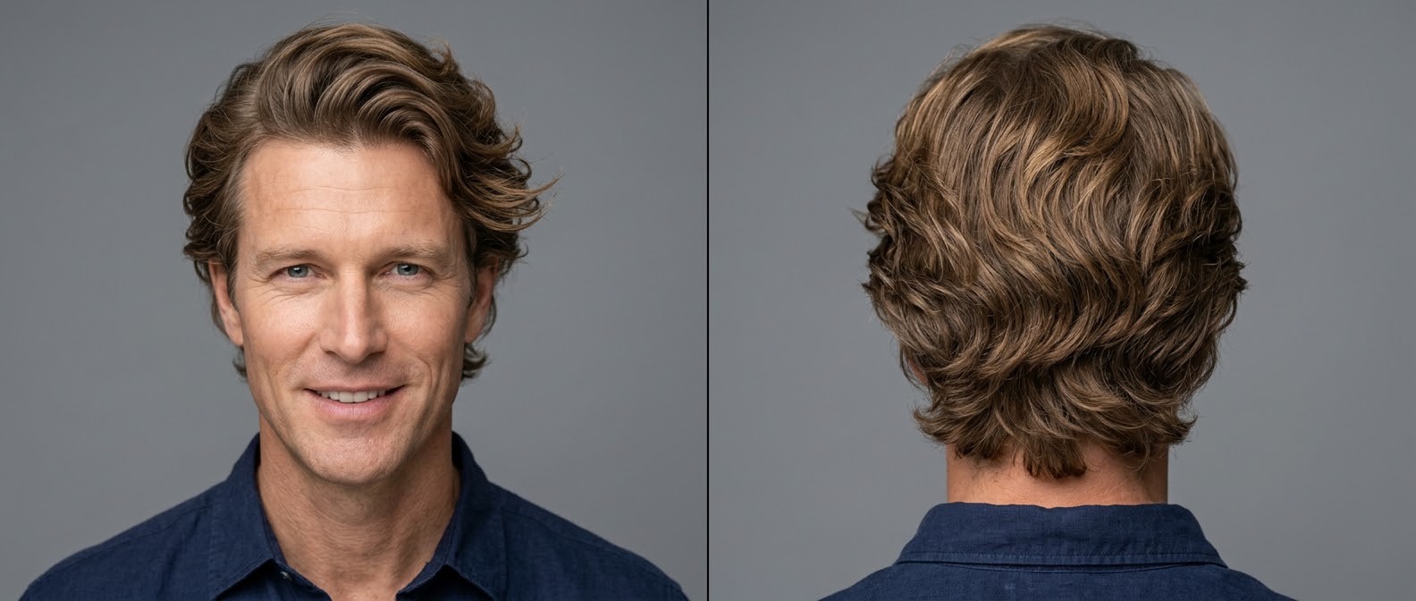 Mature man with thick, light brown wavy hair styled in a swept-back mid-length flow haircut, showcasing natural volume and layered texture.