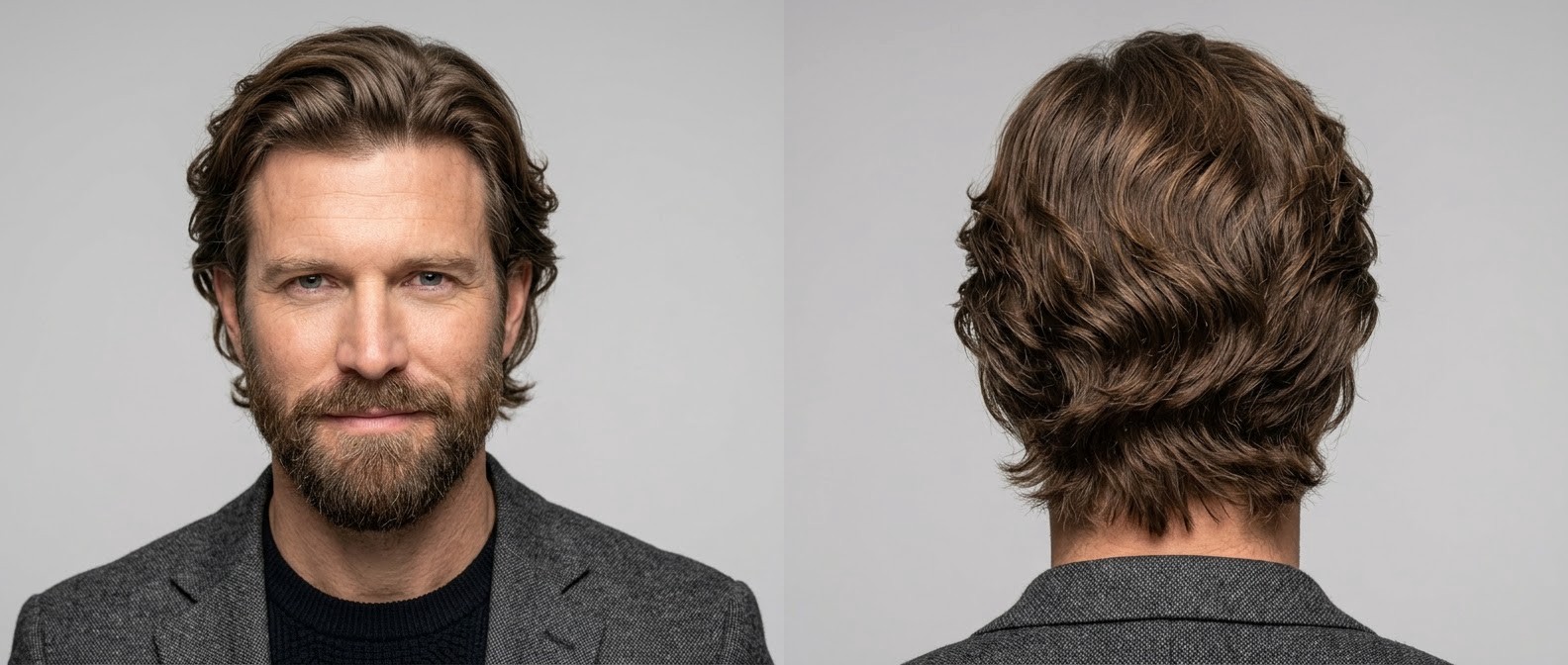Front and back view of a mature man with a beard modeling a wavy flow haircut, featuring long swept-back hair and layered texture.