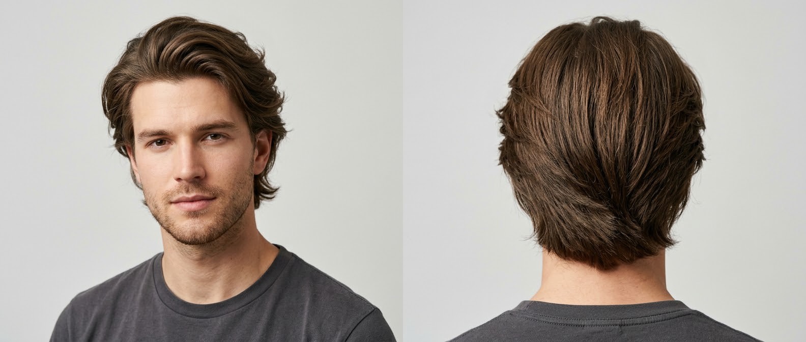 Front and back view of a young man with thick, brown, swept-back flow hair, featuring long top volume and medium sides tucked behind the ears.